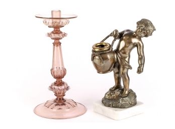 Tall Murano Candlestick And A Spelter Figure