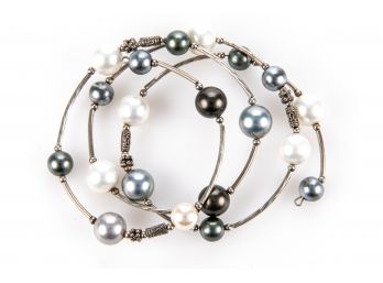 Sterling Coil Bracelet  With Faux Pearl