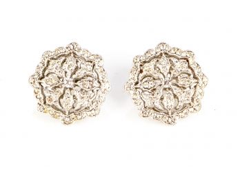 Pair Of Pave Crystal Encrusted Flower Form Clip Earrings