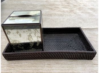 Antique Mirrored Tissue Cover And Woven Tray