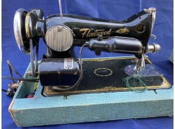 Vintage Fleetwood Deluxe Portable Electric Sewing Machine With Case. Works, Clean And Nice Detail.