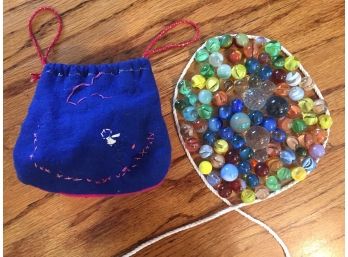 Vintage Felt Bag Full Of Marbles (approximately 100) Large And Small