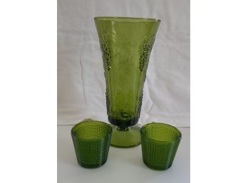 Lot Of 3 Green Glass Items, 1 Vase And 2 Yankee Candle Votive Holders, No Chips