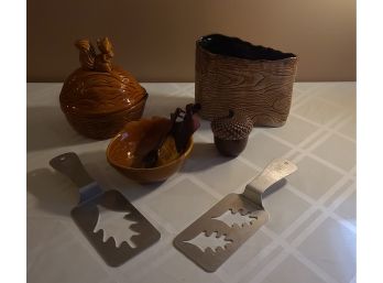 Autumn Lot, Squirrel Covered Dish, Vase, Dip Bowl W Spoon, 2 Stainless Stencil Spatulas