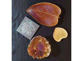 Leaf Lot Includes Slate Trivet, Amber Glass Dish, Trinket Plate And Platter