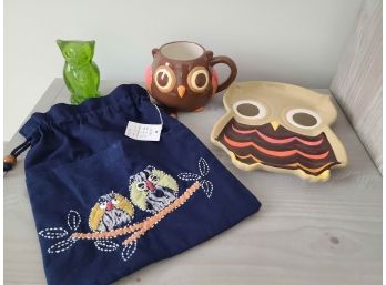A Green Glass Owl, A Ceramic Mug And Matching Plate, An Embroidered Bag