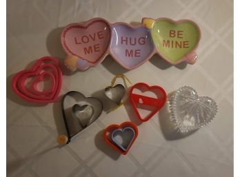 Heart Lot, Includes Wedgwood Covered Glass Dish, Cookie Cutters, New Candy Tray