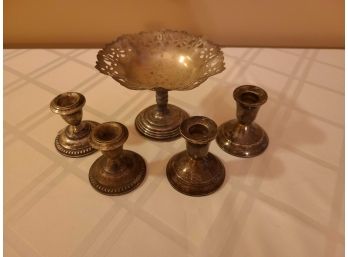 2 Sets Of Sterling Silver Weighted Candle Stick Holders And An Eplon Copper Pedestal