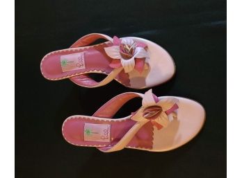 LILLY PULITZER Pink Flower Leather Slide Heels Shoes Size 6.5 M Made ITALY
