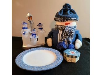 Snowman Lot Of 4 Items, 2 Decorative Boxes, A Plate And A Acrylic Light Up (needs Batteries)