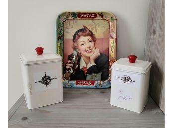 2 Tin Canisters And A Metal Coca Cola Tray