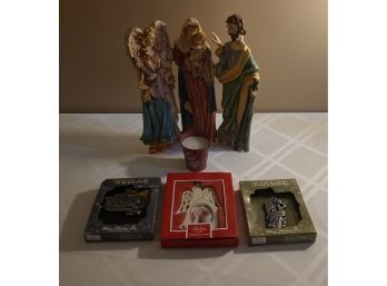 Angel Mixed Lot, Includes Small Candle, 3 NIB Ornaments And A Trifold Grouping