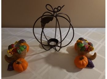 Fall Harvest Lot , Metal Pumpkin Tealight Holder, 2 Ceramic PartyLite Taper Holders