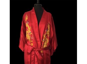 Vintage Silky Red Chinese Robe - Awesome Dragon Embroidery