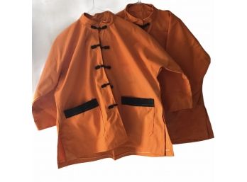 Lot Of Two Vintage Orange Chinese Jackets Heavy Cotton With Black Frog Closures