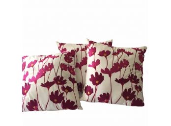 Lot Of Three White Pillows With Pink And Purple Embroidered Flowers.