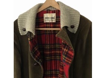 Men's Zero King  Corduroy Olive Green Mens Coat.  Lined In Wool Plaid. Size 42