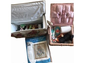 Two Vintage Sewing Boxes With Embroidery Kit And Thread  Sewing Items.