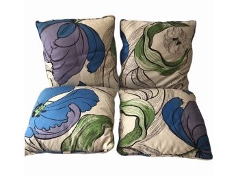 Four Vintage Flower Pillows In Blues And Purples (12 X 12).