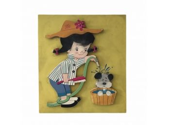 Adorable Girl And Dog Picture Painted Wood.