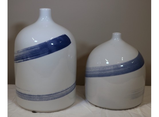 Pair Of Blue Swirl And White Glazed Stoneware Jugs