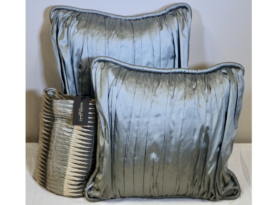 Pair Of Pleated Blue Satin Pillows And Margo Selby Silk Table Runner
