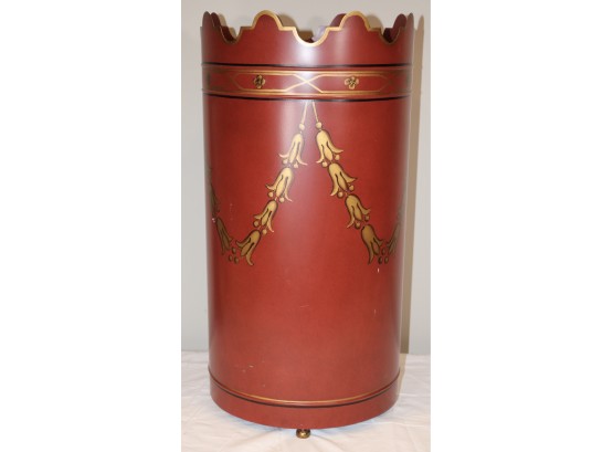 Footed Tole Umbrella Stand With Hand Painted Bell Flower Decoration
