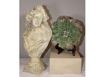 Antique Style Maiden Bust And Majolica Style Dish