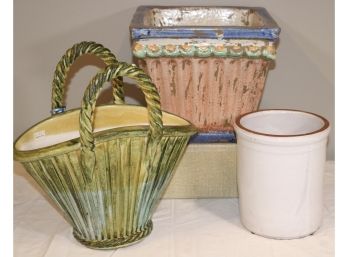 Three Decorative Containers - Planter, Vase And Olive Jar