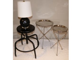 Mid-Mod Lot: Chrome Tables, Marble Lamp And Industrial Stool