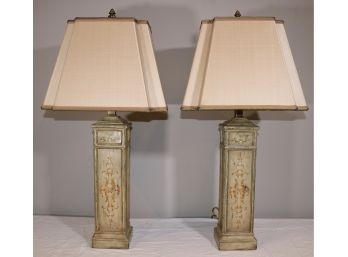 Pair Of Hand-painted Column Form Lamps