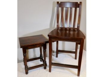 Stained Hardwood Barstool And Stand