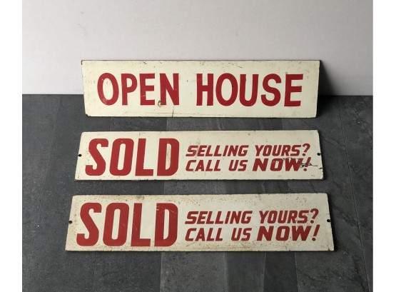 1950s Real Estate Advertising Signs 'Open House' 'Sold' Lot Of 3