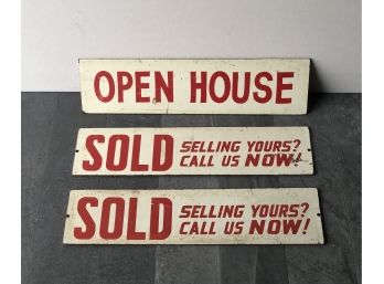 1950s Real Estate Advertising Signs 'Open House' 'Sold' Lot Of 3