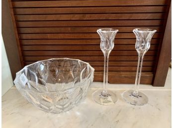 New Lenox Crystal Harlequin Candleholders And 8' Bowl