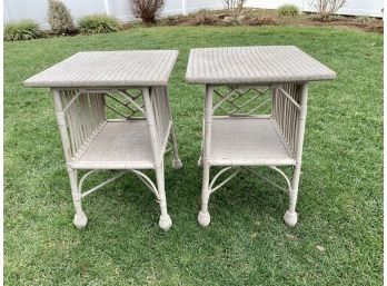 Pair Of Weathered Maine Cottage Grey Wicker Side Tables