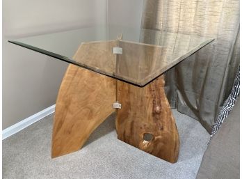 One Of A Kind Live Edge Tripod Table With Beveled Glass Top
