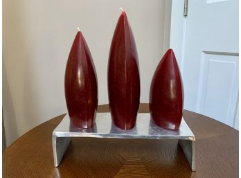 Unique Trio Of Hand Made Graduated Candles On Aluminum Stand