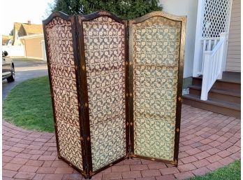 Antique Victorian Three - Panel Folding Screen With Carved Wood Frame