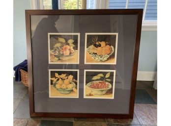 Large Custom Framed Art Featuring Four Stained Wood Squares With Fruit Still Life Images