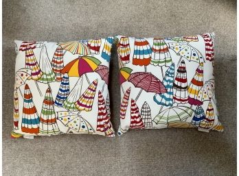Pair Of Colorful Pottery Barn Umbrella Pattern Indoor - Outdoor Pillows