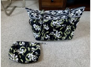 Matching Vera Bradley Black With White Floral Design Tote & Cosmetic Bag