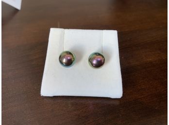 Iridescent Majorica Pearl Earrings Set In Sterling