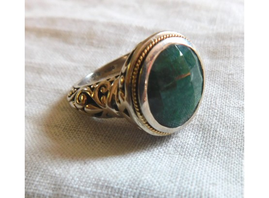 Gorgeous Sterling &  10K Gold Ring With Facted Green Stone, 'BJC'