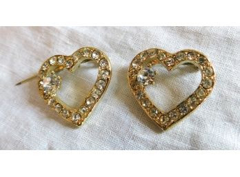 TWO Gold Tone Heart Shapes Pins With Rhinestones