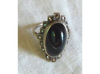 Oval Sterling Ring With Marcasite Around Onyx