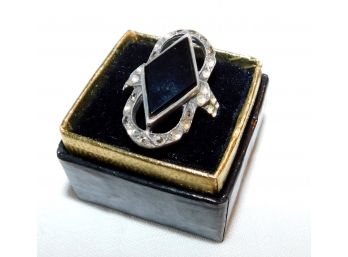 Elegant Sterling & Onyx Ring Surrounded By Marcasite