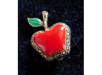 Hand Enameled STERLING RED Apple Pin WITH GREEN LEAF , Original Box
