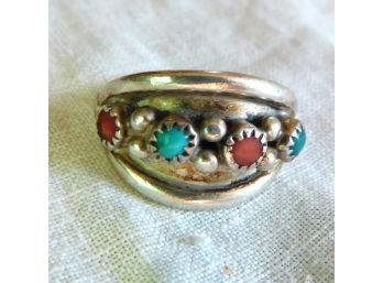 Pretty Sterling Ring With Red & Green Turquoise Stones