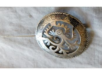 Round Sterling Pin With Aztec Design